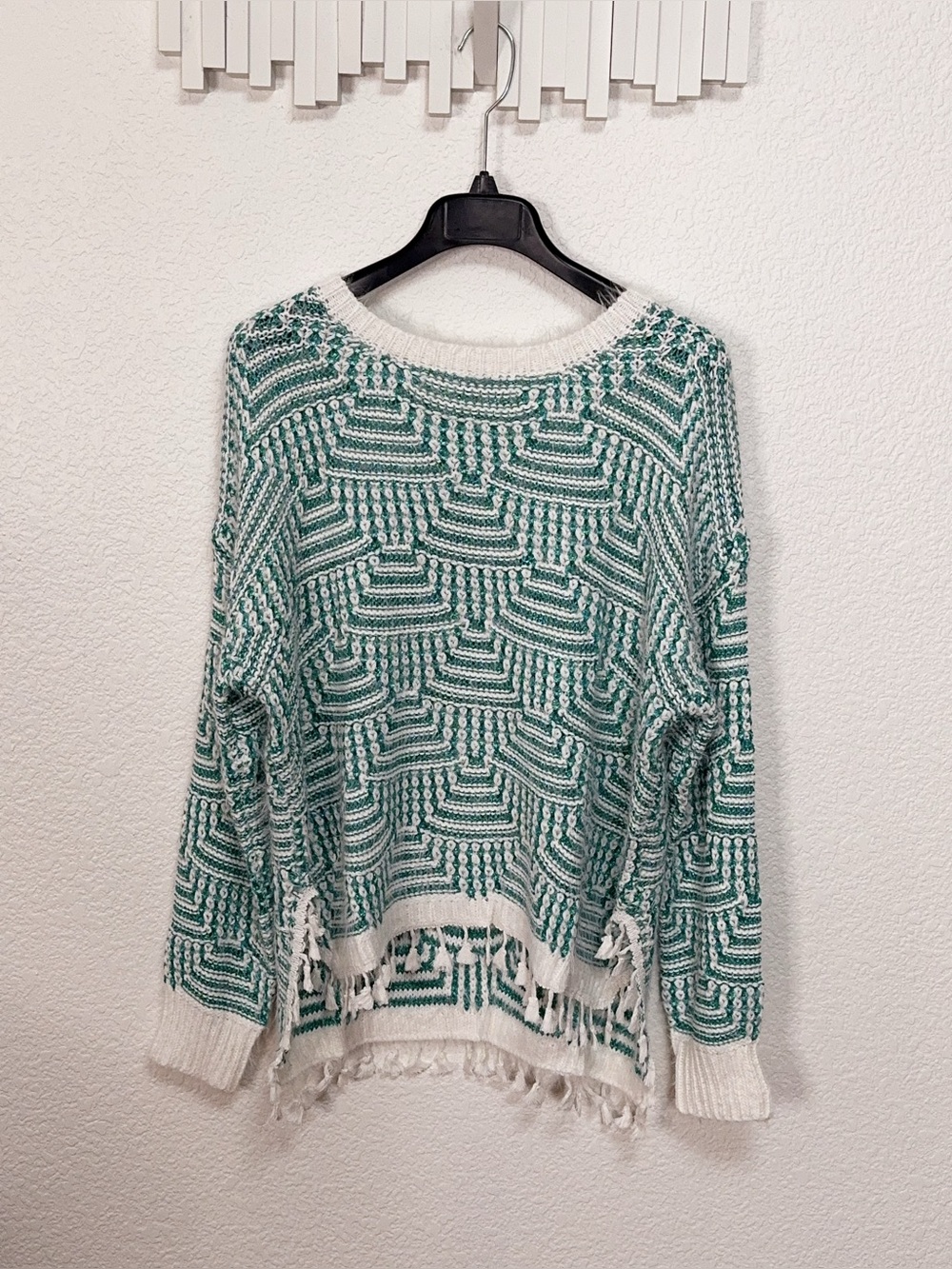 Miss Sparkling Metallic Green Geometric Fringe Hem Oversized Knit Sweater
